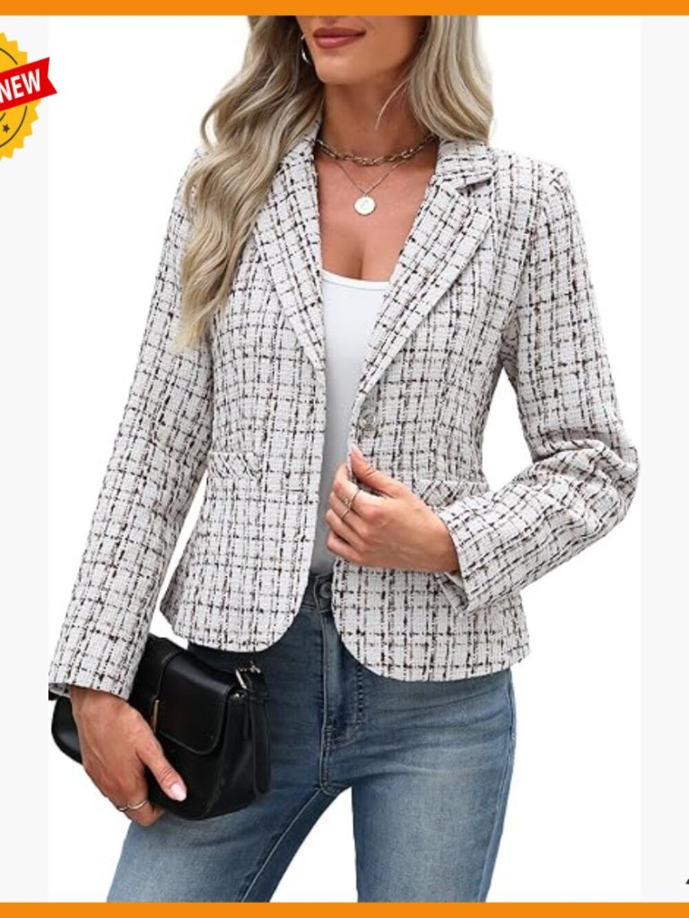 Slim Fit Tweed Blazer with Pockets, Business Casual Jacket for Women